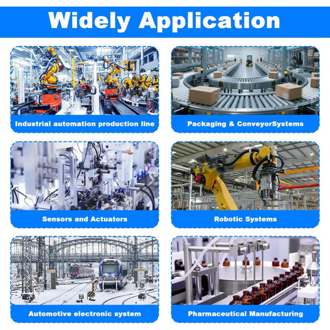 Collage of industrial applications: automation, packaging, sensors, robotics, automotive systems, and pharmaceutical manufacturing.