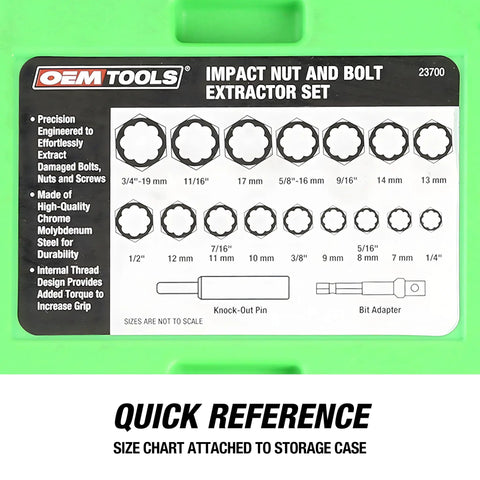 CrMo Impact Nut And Bolt Extractor Kit, 18 Piece Set, Three Eighths Inch Drive For Stripped And Damaged Fasteners size chart