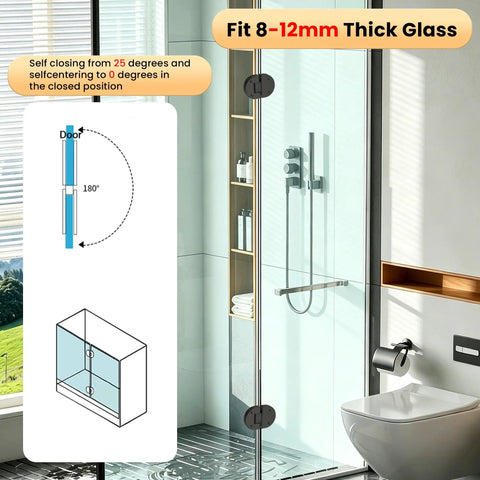 Black 180 Degree Glass Shower Door Hinge For Bathroom Built To Last Rubber Cushion Pads Notch Cut Required During Install Easy Swap From Old Hinge 1 Pack with glass fitting illustration