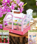 Kid Friendly Plant Growing Kit Greenhouse Set For Diy Terrarium Science, Indoor Gardening Toy With Solar Powered Panel, Drip Irrigation System, pink greenhouse with plants
