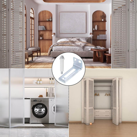 Four Pack Pro Grade Bifold Door Hardware Bottom Pivot Set With Support Metal Plate for closet doors, shown in various installations.