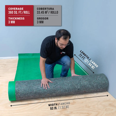 Straight Up Heavy Duty Underlayment Pad For Laminate And Engineered Wood Floors featuring a 3mm thick roll being unrolled.
