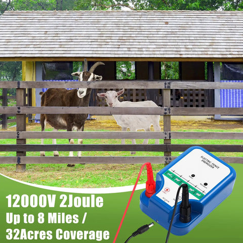 All In One Beefed Up Electric Fence Kit For Livestock Control With 8 Mile 12kV 2J Charger shown with goats in enclosure