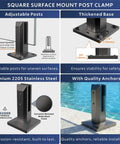 Heavy Duty Six Panel Frameless Tempered Glass Deck Railing Kit With Complete 2205 Stainless Steel Mounting Hardware showing adjustable post clamp with black finish.
