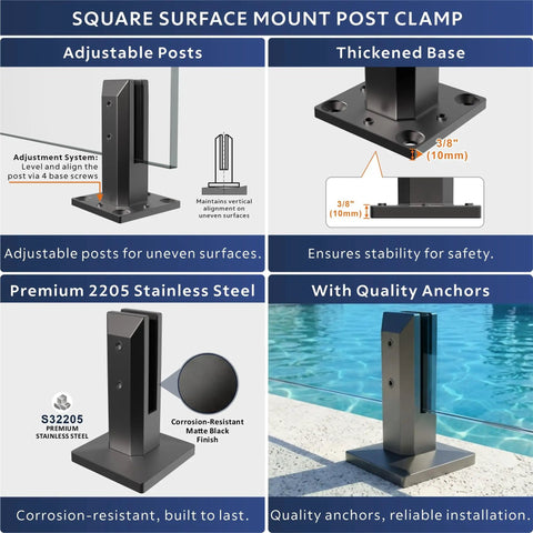 Heavy Duty Six Panel Frameless Tempered Glass Deck Railing Kit With Complete 2205 Stainless Steel Mounting Hardware showing adjustable post clamp with black finish.