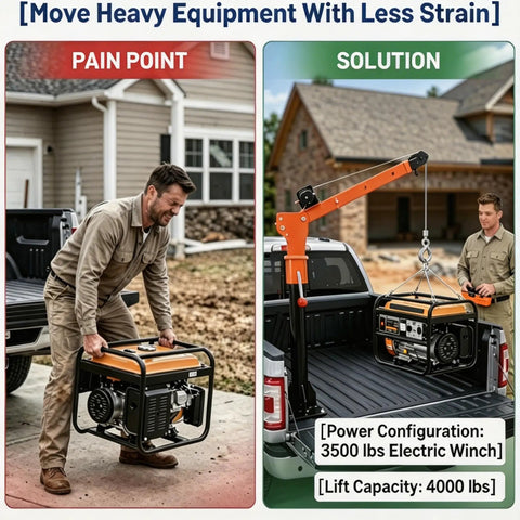 Heavy Hitter 1100 Lbs Truck Mounted Crane With 2000 Lbs Electric Winch lifting generator in truck bed, showcasing lifting capacity.