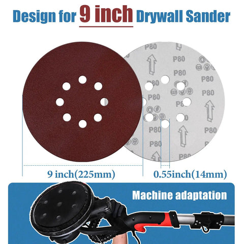 9 Inch 8 Hole Sanding Discs for Drywall Sander With Quick Change Hook And Loop Backing, front and back view, round sandpaper