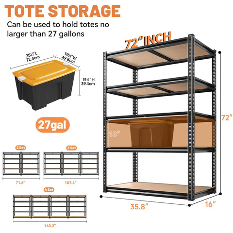Beefy Heavy Duty Garage Shelving 5 Tier Steel Storage Racks For Tools And Auto Parts 72 By 36 By 16 Inches Anti Sagging Frame With 2200 Lb Capacity Sturdy Organizer For Water Groceries Bottles And Bulk Items, fits 27-gal totes