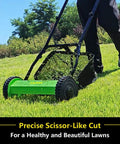 Effortless Manual Push Reel Lawn Mower With 14 Inch Cut, No Gas No Fuss, Five Blade Precision, Adjustable Height 0.6 To 1.8 Inches, Removable Grass Catcher Bag For Yard And Garden Lawn Care, green 14-inch reel mower in use on lawn