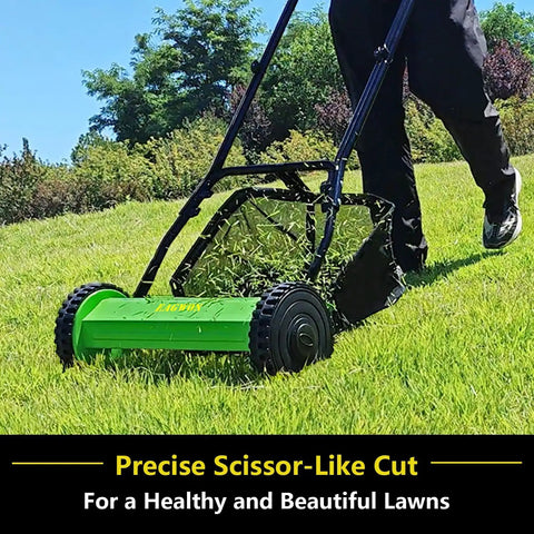 Effortless Manual Push Reel Lawn Mower With 14 Inch Cut, No Gas No Fuss, Five Blade Precision, Adjustable Height 0.6 To 1.8 Inches, Removable Grass Catcher Bag For Yard And Garden Lawn Care, green 14-inch reel mower in use on lawn