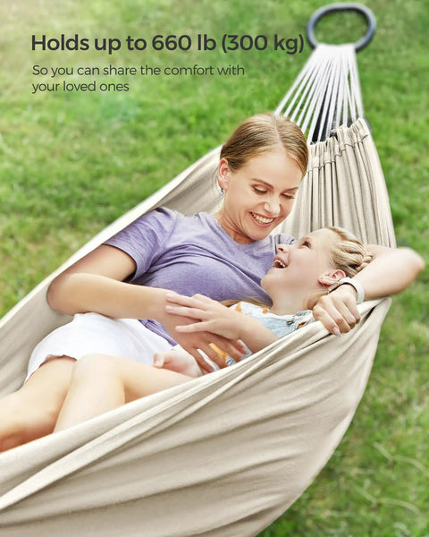 Double Hammock 98.4 X 59.1 Inches With 660 Lb Capacity Breathable Cotton Polyester Fabric with woman and child lounging