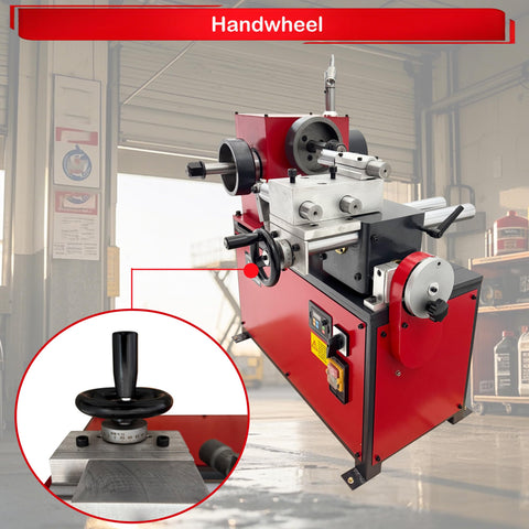 Heavy Duty Brake Drum And Rotor Lathe For Cars And SUVs With Variable Speed 0 To 140 RPM, red handwheel detail shown.