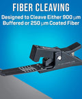 Black fiber cleaver with carbide blade, 6000 cleaves, for 250 micron and 900 micron fibers, against blue background