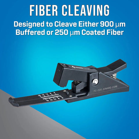 Black fiber cleaver with carbide blade, 6000 cleaves, for 250 micron and 900 micron fibers, against blue background
