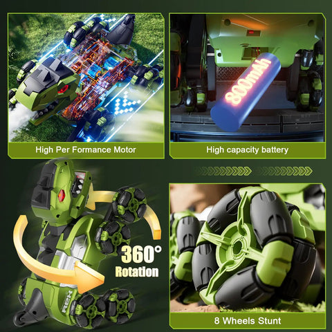 Gesture Sensing Dinosaur Monster Truck Remote Control Car With 8WD Off Road Stunt Vehicle showing motor, battery, rotation, wheels.
