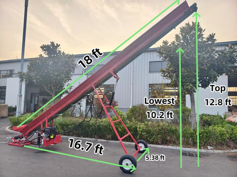 7HP Gas Powered Firewood Conveyor 18FT Long Log Conveyor With Hydraulic Adjustable Height And PVC Anti Slip Belt outdoors