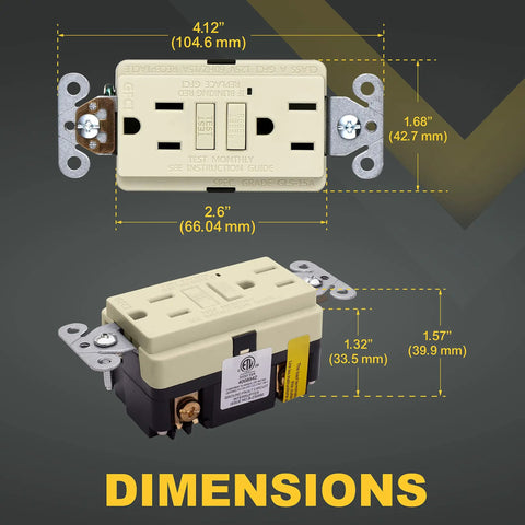 Slim GFCI Outlets 10 Pack 15A 125V ETL Listed Non Tamper Resistant Duplex Receptacles dimensions with LED indicator