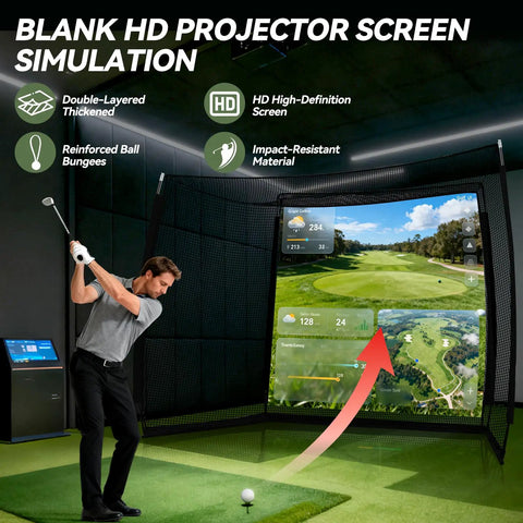 Man practicing golf swing with Golf Practice Hitting Net With HD Simulator Screen And Target Cloth 10x8 Ft Pro Grade Net