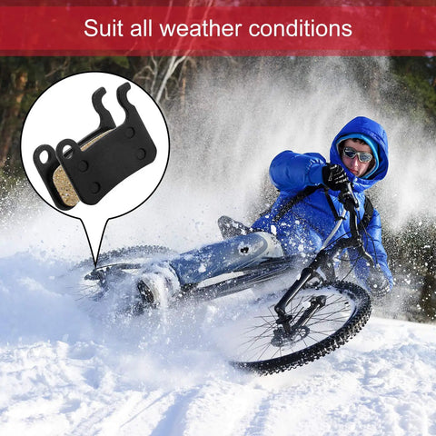 Cyclist riding in snow with inset of resin bicycle disc brake pads. Resin Bicycle Disc Brake Pads Set 4 Pairs For Smooth Quiet Braking.