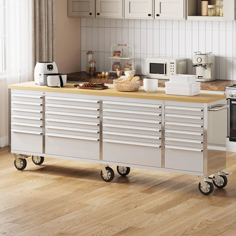 Heavy Duty Mobile Tool Chest With Smooth Rolling Casters And A Tight Locking System For The Ultimate Garage Setup Built Dang Tough with a wooden top.