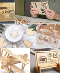 Baltic birch plywood crafts collage 16x12x1/8 in, 3mm unfinished: bike model, airplane, snowflake shapes.