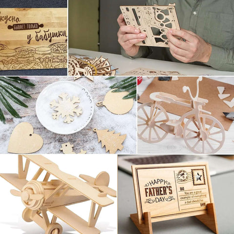 Baltic birch plywood crafts collage 16x12x1/8 in, 3mm unfinished: bike model, airplane, snowflake shapes.