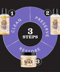All-In-One Cutting Board Care Kit With Mineral Oil And Finishing Wax Includes three-step cleaning, preserving, and restoring process.