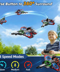Child using remote to control Foam RC Airplane With Colorful Lights For Kids And Adults, performing 360 flip stunts.