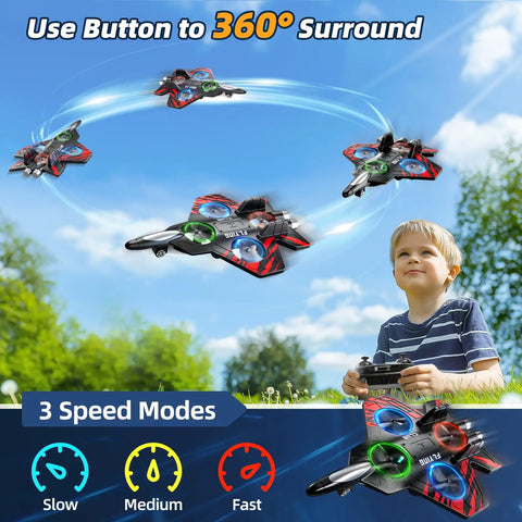 Child using remote to control Foam RC Airplane With Colorful Lights For Kids And Adults, performing 360 flip stunts.