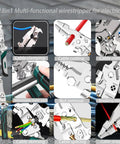 All In One Wire Stripper And Crimping Tool Set in action, showing functions like cable clamping, cutting, crimping, and splicing.