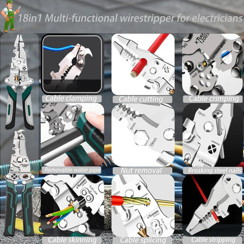 All In One Wire Stripper And Crimping Tool Set in action, showing functions like cable clamping, cutting, crimping, and splicing.