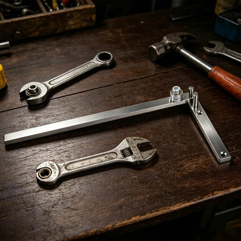 Penitue Manual Wire Bending Tool For Desktop, ferroalloy steel tool with wrenches on a wooden workbench.