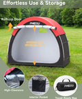 High Clearance Bike Storage Tent Shelter for Your Rigs with roll-up door, 53 inch tall, showing interior and travel-ready bag