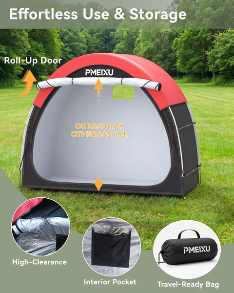 High Clearance Bike Storage Tent Shelter for Your Rigs with roll-up door, 53 inch tall, showing interior and travel-ready bag