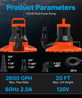 Product diagram showing Automatic Pool Cover Pump 1/3 HP Submersible Water Pump With 25 Ft Power Cord, 2600 GPH flow rate and 20 FT lift.