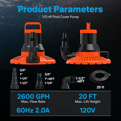 Product diagram showing Automatic Pool Cover Pump 1/3 HP Submersible Water Pump With 25 Ft Power Cord, 2600 GPH flow rate and 20 FT lift.