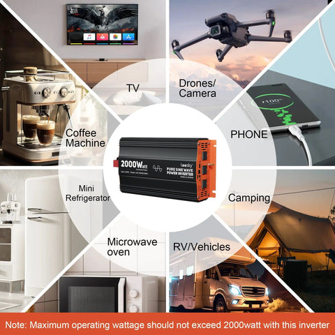 Image showing 2000 Watt Pure Sine Wave Inverter 12V To 120V With Built In UL Listed Fuse and its compatible devices.