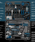 Beefed-Up 220-Piece Home Tool Kit With Toolbox Blue For Home Repairs Auto Maintenance DIY And General Use Heavy-Duty Wrench Set Pliers Tape Measure Screwdrivers Hammer Saw Cutter And More open case view