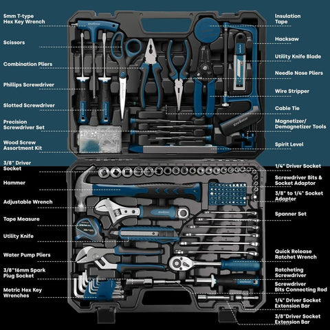 Beefed-Up 220-Piece Home Tool Kit With Toolbox Blue For Home Repairs Auto Maintenance DIY And General Use Heavy-Duty Wrench Set Pliers Tape Measure Screwdrivers Hammer Saw Cutter And More open case view