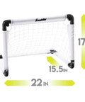 Mini Soccer Goal Set For Kids, Kid Friendly, features a compact 22x17x16 inch white and black portable net for backyard and indoor play.