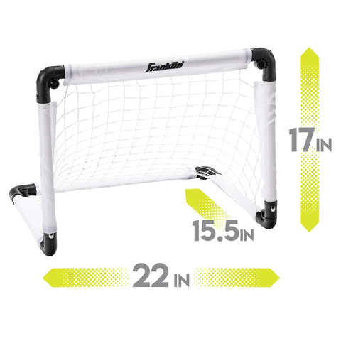 Mini Soccer Goal Set For Kids, Kid Friendly, features a compact 22x17x16 inch white and black portable net for backyard and indoor play.