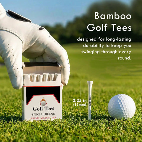 Gloved hand holding 24 Piece Premium Bamboo Golf Tees 83mm 3.25 Inches With Vintage Carry Case, golf ball on grass