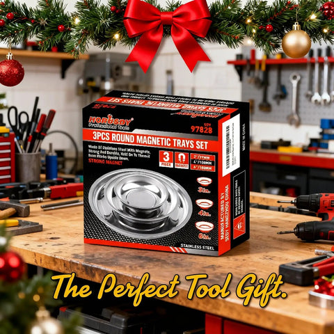 Image of a 3-piece Magnetic Tray Set For Mechanics Gearhead Favorite 3 Piece Round Stainless Steel Magnetic Parts Tray Kit In 3 In 4 In And 6 In Sizes on a workbench.