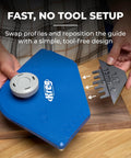 Top Shelf Corner Routing Guide System For Handheld Trim Routers And Workbench Tables, blue tool with easy profile swap feature.