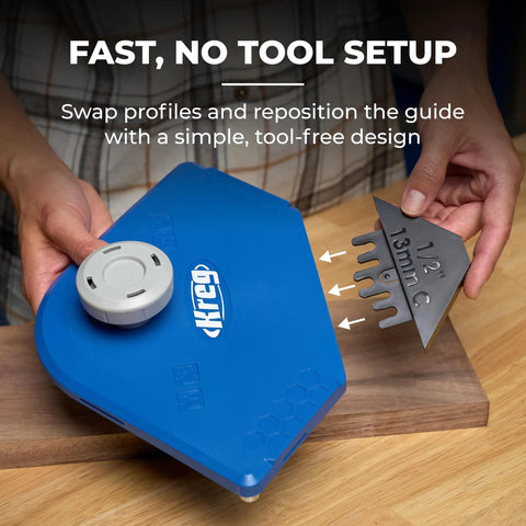 Top Shelf Corner Routing Guide System For Handheld Trim Routers And Workbench Tables, blue tool with easy profile swap feature.