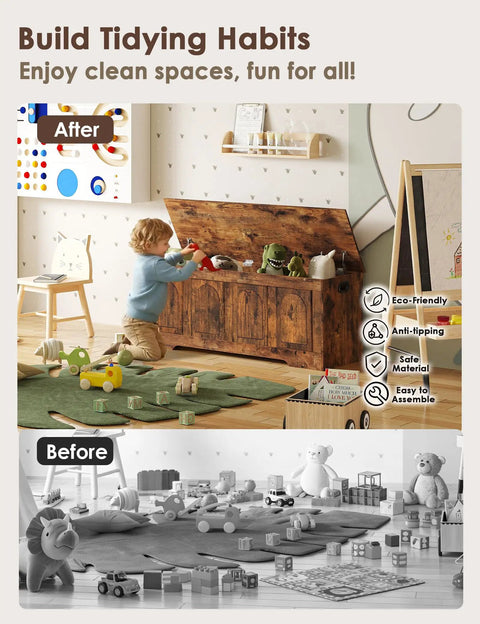 Rustic Brown Wooden Storage Chest And Dope Toy Box With Safe Slow Close Hinges Built In Handles And Generous Capacity To Keep Your Hangout Spot Tight And Clutter Free Alongside Any Home Office Setup