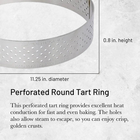 Perforated Round Tart Ring 11.25 Inch Diameter 0.8 Inch Height For Golden Crispy Tart Shells with dimensions and description text.