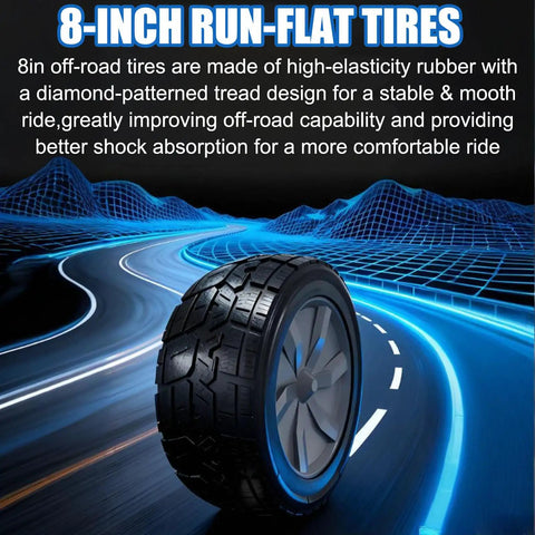 8-inch run-flat tire with diamond tread design on a dynamic road background showcasing durability and shock absorption.