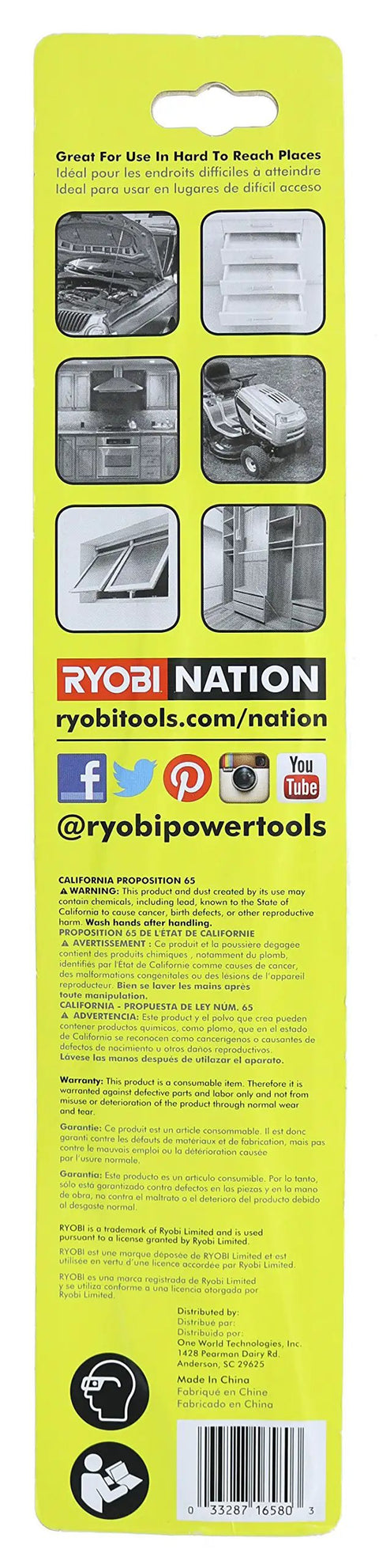 Product packaging back with tool application images and branding for 11 Inch Flexible Shaft Bit Holder For Drills And Rotary Tools