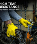 Badass Heavy Duty Nitrile Gloves With 6 Mil Yellow Raised Diamond Texture used for handling machinery in an industrial setting.
